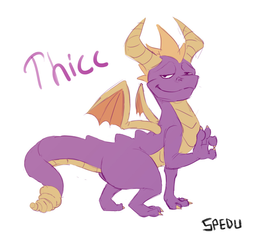 dragon feral half-closed_eyes hi_res horn humor looking_at_viewer male purple_scales scales signature simple_background solo spedumon spyro spyro_the_dragon thick_thighs video_games white_background wings