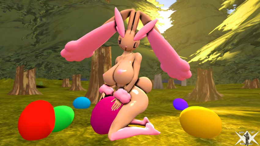 3d_(artwork) anthro big_breasts breasts butt digital_media_(artwork) easter egg female hi_res holidays knightashshadowborne knightthewolfal lagomorph looking_at_viewer lopunny mammal nintendo nipples one_eye_closed outside pok&eacute;mon pok&eacute;mon_(species) signature solo source_filmmaker sunshine video_games