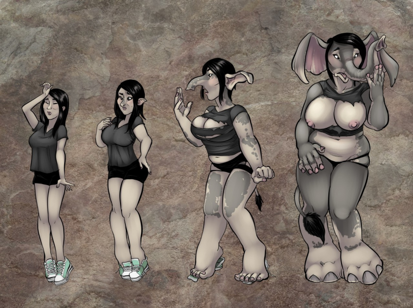 2018 anthro big_breasts black_hair breast_expansion breasts clothing elephant female footwear growth hair human human_to_anthro kabuki_homewood long_hair mammal navel nipples open_mouth pants sequence shoes simple_background slightly_chubby solo standing surprise textured_background torn_clothing transformation weight_gain