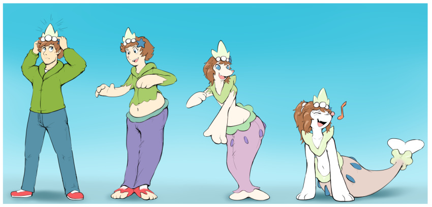 2017 anthro blue_eyes brown_hair clothing crown footwear gradient_background hair happy human human_to_anthro jacket male mammal navel nintendo open_mouth pants pok&eacute;mon pok&eacute;mon_(species) ponytail primarina sequence shoes short_hair simple_background smile solo standing subakitsu transformation video_games wide_hips