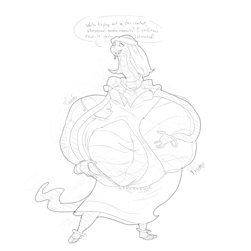 anthro belly big_belly boa_constrictor breasts clothing esmerelda_(scalie_schoolie) female grindavikbydaylight hair hyper hyper_belly monochrome non-mammal_breasts overweight post_vore reptile scalie scalie_schoolie simple_background snake speech_bubble stomach_noises text tongue tongue_out vore white_background