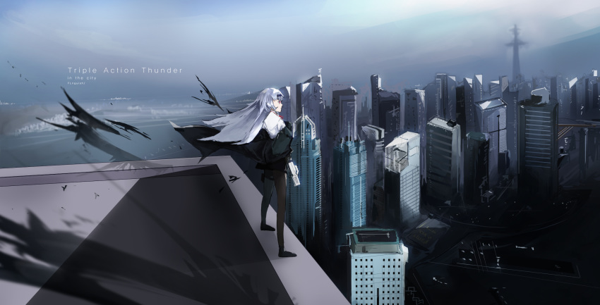 bangs black_hairband black_jacket black_legwear black_skirt building character_name cityscape closed_mouth collared_shirt commentary expressionless flnguish floating_hair from_side girls_frontline gloves gun hairband highres holding holding_gun holding_weapon jacket long_hair long_sleeves looking_afar pouch red_eyes road rooftop scenery shirt shoes sidelocks skirt standing_on_roof street thunder_(girls_frontline) triple_action_thunder very_long_hair weapon wind wind_lift