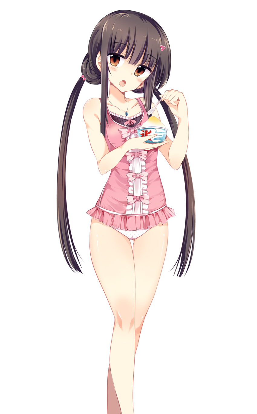 alternate_hairstyle bangs bikini black_hair breasts brown_eyes center_frills collarbone hair_bobbles hair_ornament head_tilt highres houraisan_kaguya jewelry long_hair looking_at_viewer low_twintails maturiuta_sorato necklace one-piece_swimsuit open_mouth pendant pink_swimsuit polka_dot shaved_ice simple_background small_breasts solo spoon standing swimsuit thigh_gap touhou twintails very_long_hair white_background