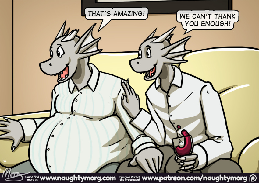 2018 alcohol anthro beverage clothed clothing comic dragon duo english_text fin head_fin inflation mammal naughtymorg text wine