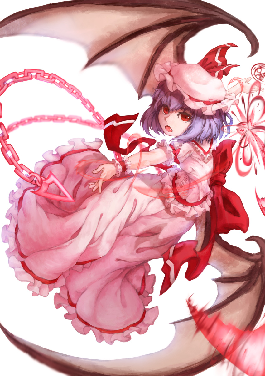 bat_wings blue_hair chkai2281 commentary dress fang fangs highres large_wings looking_at_viewer looking_to_the_side open_mouth red_eyes remilia_scarlet short_hair simple_background smile teeth the_embodiment_of_scarlet_devil touhou white_background white_dress wings