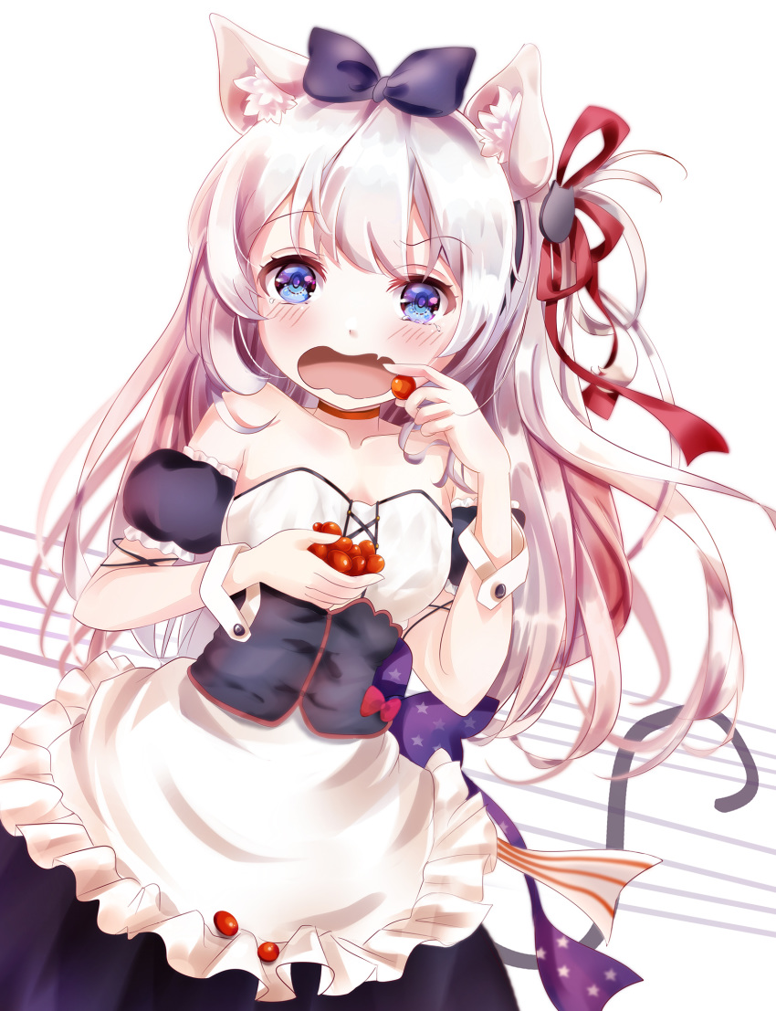 american_flag american_flag_print animal_ears apron azur_lane black_bow black_dress blue_bow blue_eyes bow cat_ears cat_hair_ornament collarbone commentary_request detached_sleeves dress dutch_angle fang flag_print flower food frilled_apron frills hair_bow hair_ornament hair_ribbon hammann_(azur_lane) highres holding holding_food long_hair mutang one_side_up open_mouth print_bow puffy_short_sleeves puffy_sleeves red_bow red_flower red_rose remodel_(azur_lane) ribbon rose short_sleeves solo star star_print strapless strapless_dress very_long_hair waist_apron white_apron white_background wrist_cuffs