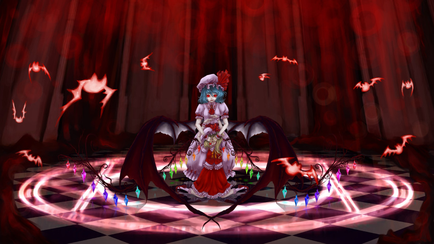 absurdres bat bat_wings blonde_hair blue_hair evil_grin evil_smile flandre_scarlet fog forest grin hair_between_eyes highres looking_at_viewer looking_up magic_circle multiple_girls nature open_mouth outdoors pachicrazy red_eyes remilia_scarlet ritual short_hair smile teeth the_embodiment_of_scarlet_devil touhou wings