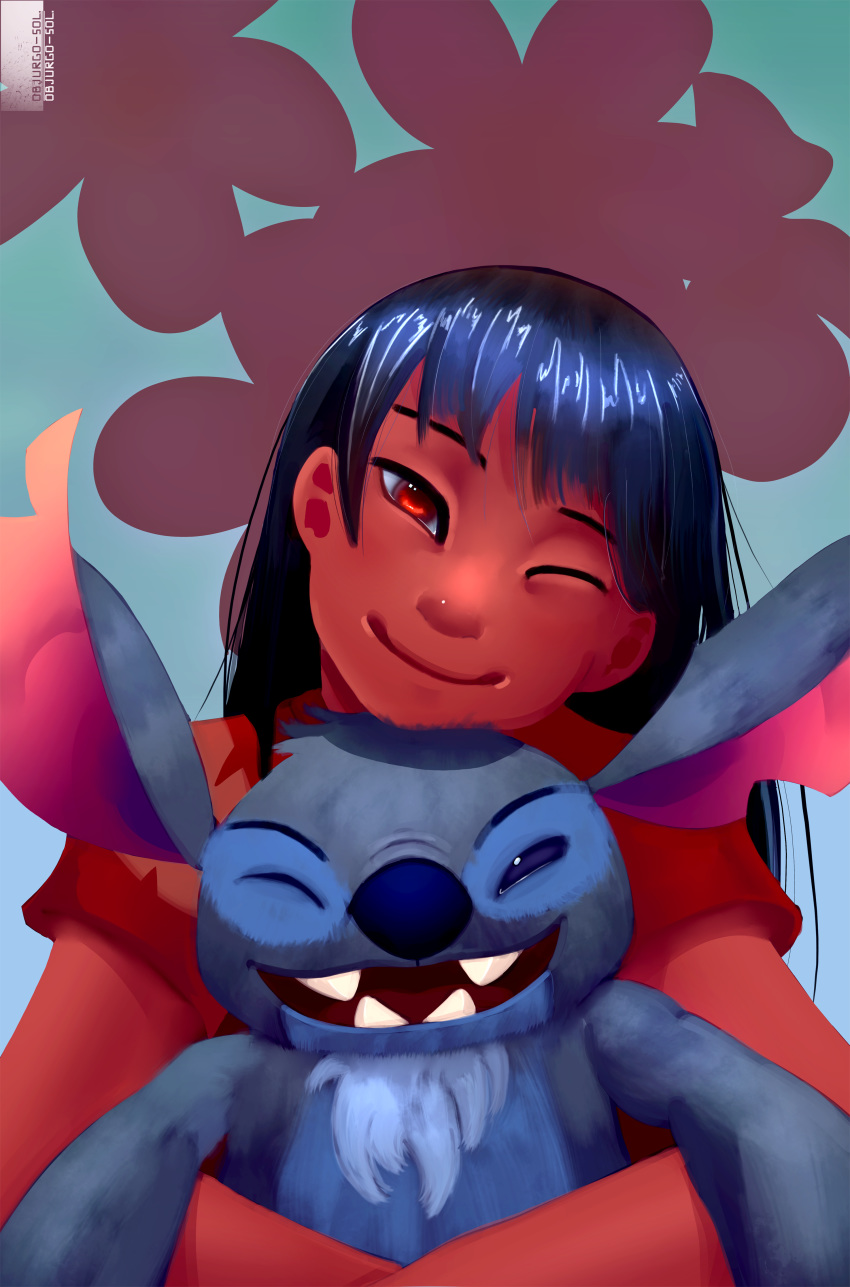 2017 alien black_hair blue_eyes blue_fur blue_nose brown_eyes chest_tuft clothed clothing digital_media_(artwork) digital_painting_(artwork) disney duo experiment_(species) front_view fur hair head_tuft hug hugging_from_behind human lilo_and_stitch lilo_pelekai mammal muumuu notched_ear objurgo-sol one_eye_closed open_mouth open_smile simple_background smile stitch tuft wink