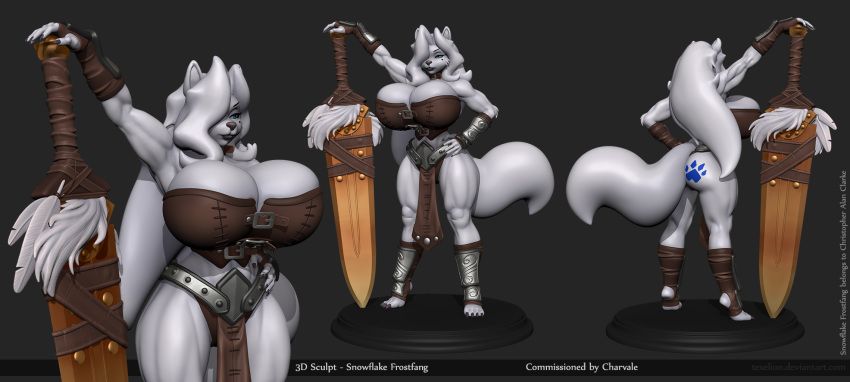 2015 3d_(artwork) anthro barbarian beauty_mark big_breasts breasts butt canine clothing collar digital_media_(artwork) dire_wolf feathers female grey_background hair hair_over_eye huge_breasts leather loincloth long_hair mammal melee_weapon muscular muscular_female simple_background snowflake_frostfang solo sword tattoo texelion tribal warrior weapon wide_hips wolf