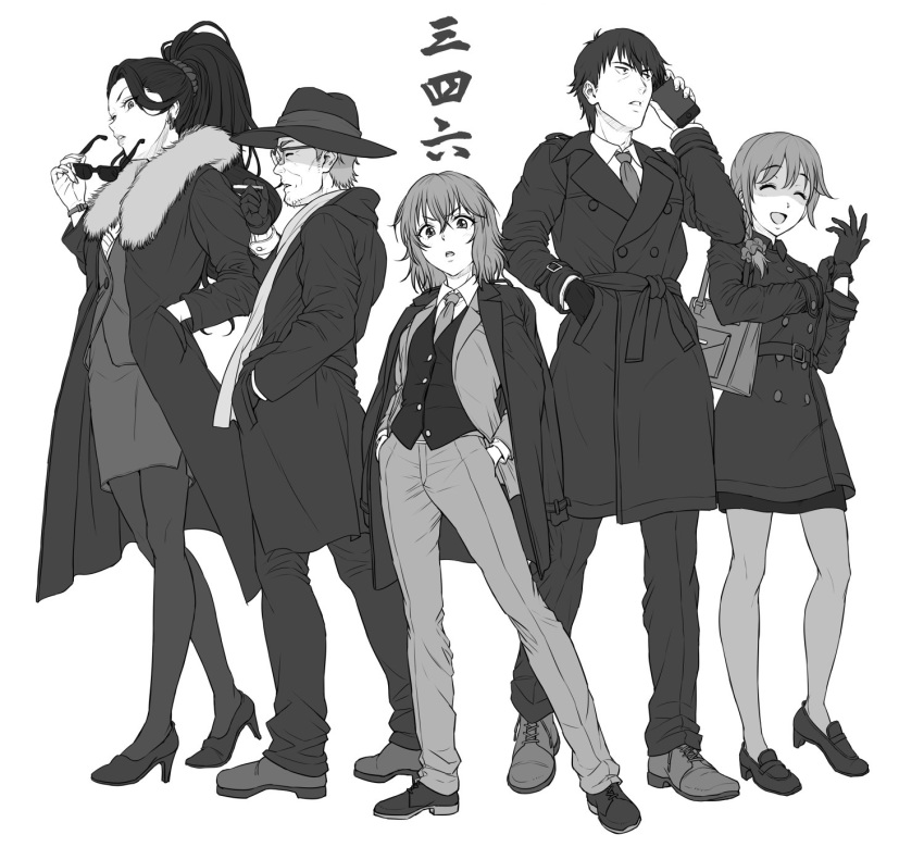 3girls bag black_gloves braid cellphone cigarette closed_eyes coat commentary_request dress_shirt earrings executive_mishiro eyewear_removed facial_hair fedora formal full_body fur_collar glasses gloves greyscale hair_over_shoulder hands_in_pockets hat high_heels high_ponytail highres idolmaster idolmaster_cinderella_girls imanishi_(idolmaster) jacket jacket_on_shoulders jewelry loafers long_hair looking_at_viewer monochrome multiple_boys multiple_girls murakami_tomoe necktie nigou open_clothes open_coat open_jacket open_mouth pantyhose pencil_skirt phone ponytail producer_(idolmaster_cinderella_girls_anime) scarf senkawa_chihiro shirt shoes short_hair shoulder_bag simple_background single_braid skirt smartphone smile stubble suit sunglasses translation_request vest watch white_background wristwatch