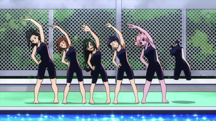 6girls barefoot boku_no_hero_academia breasts character_request female large_breasts multiple_girls ponytail screencap shiny swimsuit tied_hair yaoyorozu_momo