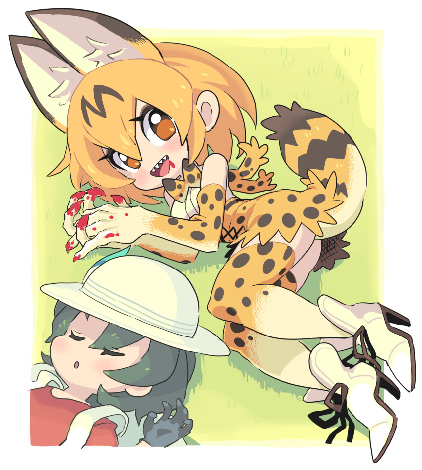 2girls backpack black_hair blood boots claws gashi-gashi hat high_heel_boots kaban_(kemono_friends) multiple_girls on_back on_side red_shirt serval_(kemono_friends) serval_print sleeping tail thighhighs