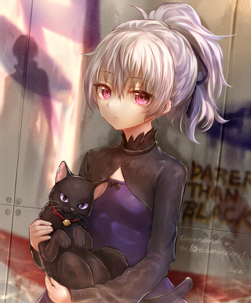 animal anniversary black_cat cat copyright_name darker_than_black dress english expressionless hair_ribbon highres looking_at_viewer mao_(darker_than_black) ponytail purple_dress purple_eyes ribbon signature silhouette silver_hair sukemyon yin