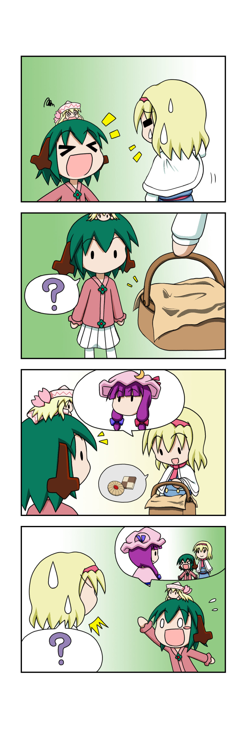 &gt;_&lt; 0_0 4girls 4koma :d =_= ? @_@ absurdres alice_margatroid animal_ears arm_up blonde_hair blue_dress blush_stickers bow capelet checkerboard_cookie comic cookie crescent crescent_moon_pin dress fairy_wings flying_sweatdrops food gradient gradient_background green_hair hair_bow hair_ribbon hairband hat highres jam_cookie kasodani_kyouko lily_white lolita_hairband mob_cap multiple_girls no_mouth on_head open_mouth patchouli_knowledge picnic_basket purple_hair rakugaki-biyori ribbon silent_comic skirt smile spoken_character spoken_food spoken_question_mark squiggle sweatdrop touhou tress_ribbon twintails wings xd