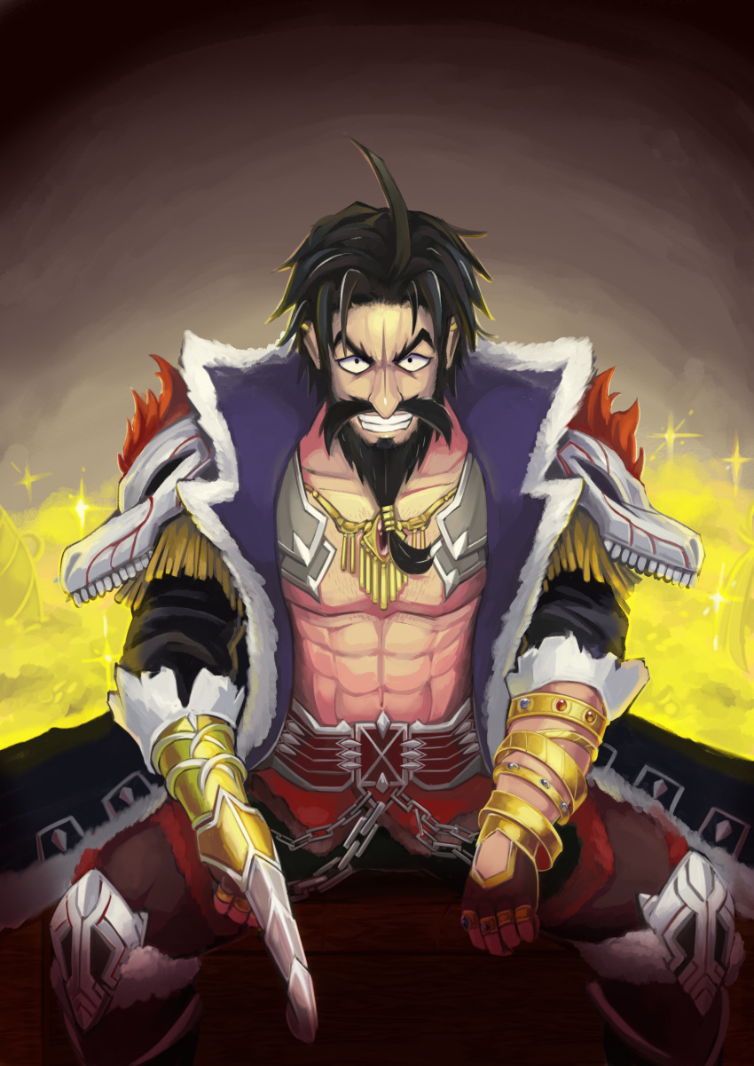 absurdres ahoge beard black_hair edward_teach_(fate/grand_order) facial_hair facial_scar fate/grand_order fate_(series) gold grin highres hook jewelry long_coat no_shirt nose_scar scar shoulder_pads smile tetuhebi treasure