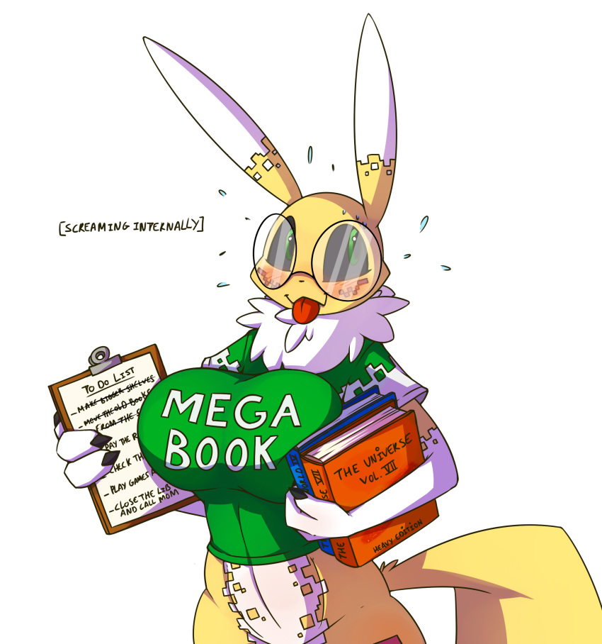 2018 anthro big_breasts black_sclera blush book bottomless breasts canine carrying_object clipboard clothed clothing cute data_(wouhlven) digimon dipstick_ears dipstick_tail embarrassed english_text eyewear fan_character female fur glasses green_clothing green_eyes green_shirt hi_res huge_breasts mammal multicolored_fur multicolored_tail neck_tuft nerd renamon simple_background sweat text tongue tongue_out tuft two_tone_fur white_background white_fur wouhlven yellow_fur