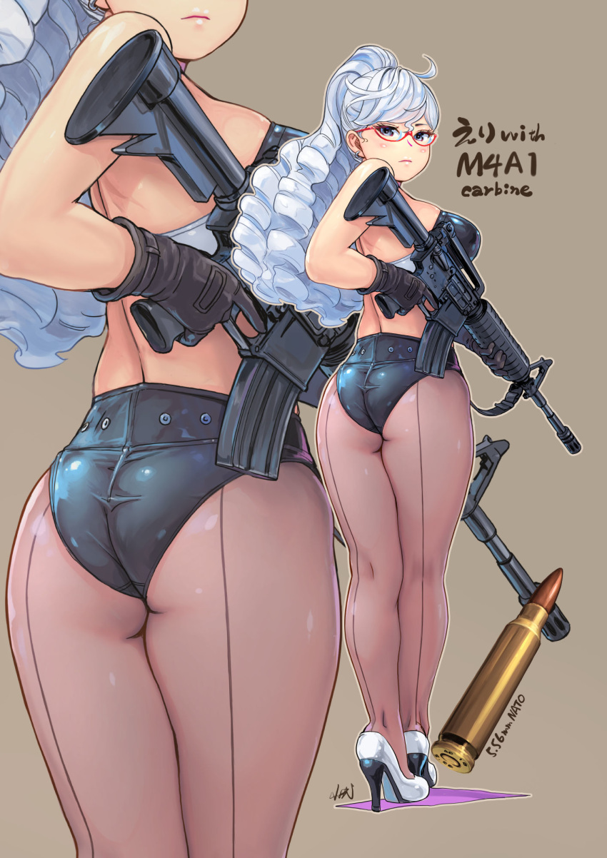 ahoge artist_name ass assault_rifle back back-seamed_legwear backless_outfit bangs bare_back bare_shoulders black_gloves black_leotard blue_eyes blush breasts bullet carina_(xiaowoo) cartridge character_name closed_mouth drill_hair earrings expressionless from_behind full_body gloves grey_background gun head_out_of_frame high_heels high_ponytail highres holding holding_gun holding_weapon jewelry kaikan_change kneepits large_breasts legs legs_together leotard lips long_hair looking_at_viewer looking_back m4_carbine object_namesake outline pantyhose ponytail purple_legwear red-framed_eyewear revision rifle seamed_legwear shiny shiny_clothes shoes sideboob signature simple_background skindentation solo standing swept_bangs thighs trigger_discipline tsurime twisted_torso weapon white_footwear white_hair yamada_eri zoom_layer