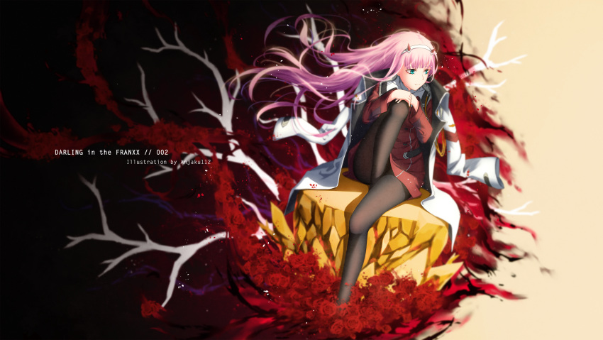 anjaku112 artist_name black_legwear blue_eyes coat copyright_name darling_in_the_franxx dress floating_hair full_body hairband hands_on_own_knee highres long_hair looking_away open_clothes open_coat pantyhose pink_hair red_dress short_dress sitting solo very_long_hair white_coat white_hairband zero_two_(darling_in_the_franxx)