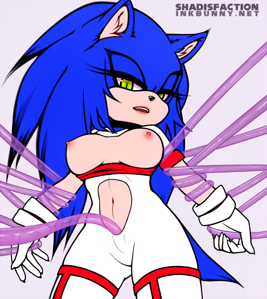 blue_fur breasts claws clothing collar ear_tuft fangs female female_bulge fur gloves green_eyes hair hedgehog lipstick long_hair looking_at_viewer makeup mammal nipples open_maw rubber shadisfaction sonic_(series) sonic_the_hedgehog spandex teeth tentacles thick_thighs tight_clothing tongue tuft wide_hips