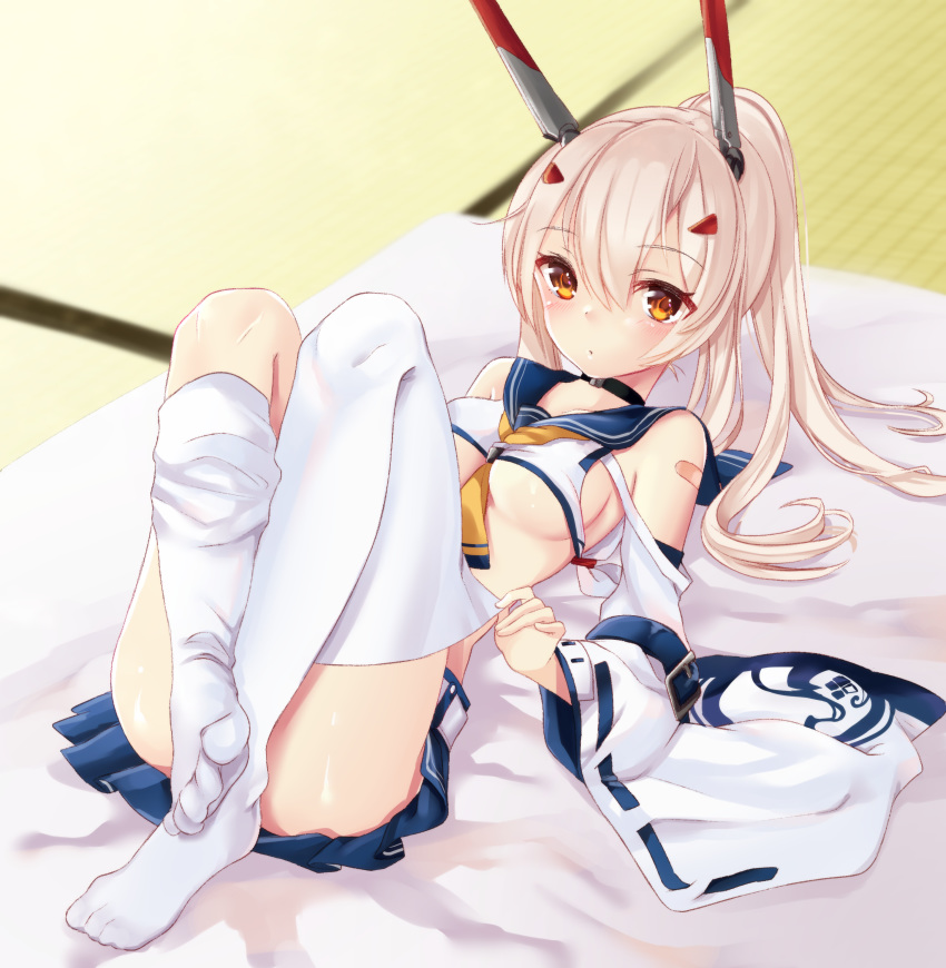 absurdres ayanami_(azur_lane) azur_lane bangs bare_shoulders between_breasts black_choker blue_sailor_collar blue_skirt blush breasts brown_eyes choker closed_mouth convenient_leg detached_sleeves eyebrows_visible_through_hair hair_between_eyes hair_ornament headgear highres light_brown_hair long_hair long_sleeves looking_at_viewer lying medium_breasts neckerchief nekomiya_noru_(yuduki710) no_bra no_shoes on_back orange_neckwear pleated_skirt ponytail sailor_collar school_uniform serafuku shirt sidelocks skirt sleeveless sleeveless_shirt solo thighhighs thighhighs_pull underboob white_legwear white_shirt wide_sleeves