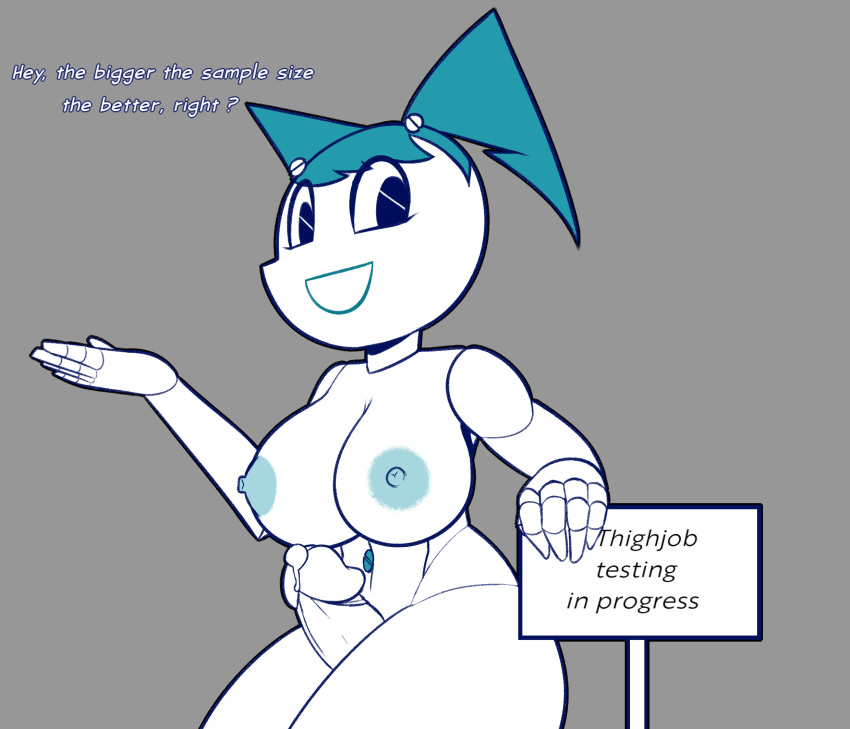 big_breasts breasts dialogue female freepancakes jenny_wakeman machine male male/female my_life_as_a_teenage_robot navel nipples not_furry penis precum robot sex sign simple_background smile text thick_thighs thigh_sex