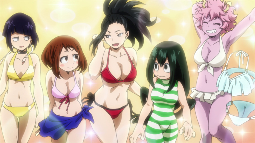 6girls asui_tsuyu beach bikini black_hair boku_no_hero_academia breasts character_request cleavage curvy female happy large_breasts multiple_girls ponytail red_bikini screencap shiny smile swimsuit tied_hair walking yaoyorozu_momo