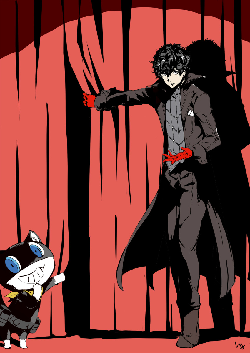 amamiya_ren black_hair black_pants boots brown_footwear cat coat commentary_request curtains gloves grey_eyes grin high_contrast highres light_smile looking_at_viewer male_focus morgana_(persona_5) nanaya_(daaijianglin) open_clothes open_coat pants persona persona_5 red_gloves signature smile standing vest