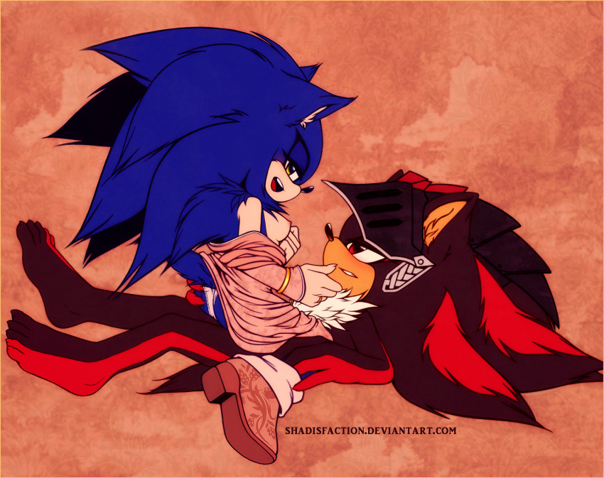 armor black_fur blue_fur bracelet breasts butt claws clothed clothing crossgender female fluffy fur green_eyes growling hair hedgehog jewelry knight long_hair male mammal nipples nude open_maw panties red_eyes red_fur ring shadisfaction shadow_the_hedgehog skimpy smile sonic_(series) sonic_the_hedgehog teeth tongue underwear