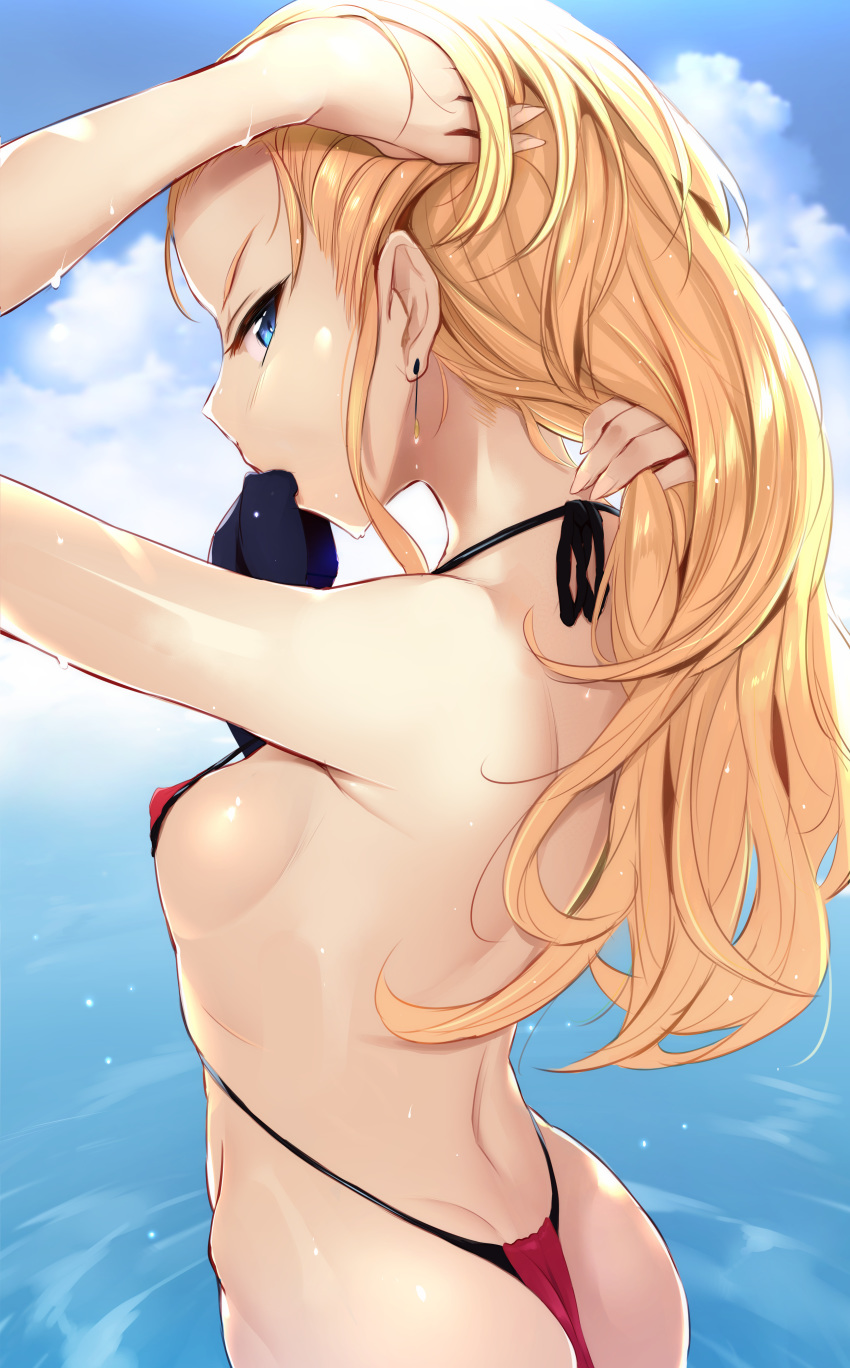 absurdres arm_up ass assam bare_shoulders bikini blonde_hair blue_eyes breasts cloud covered_nipples day earrings enty_reward from_behind girls_und_panzer highres jewelry long_hair looking_back mouth_hold noripachi outdoors paid_reward profile red_bikini sideboob sky slingshot_swimsuit small_breasts solo string_bikini swimsuit wet