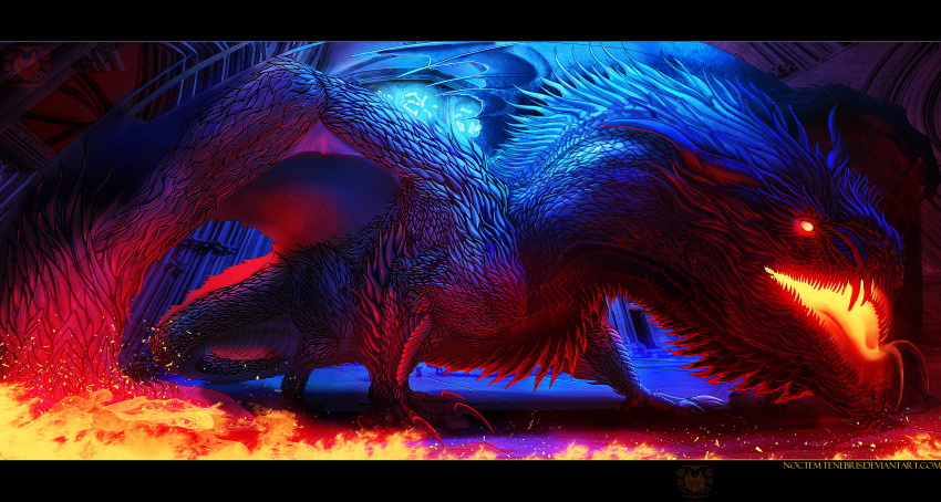 black_bars claws digital_media_(artwork) dragon feral fire glowing glowing_eyes noctem-tenebris open_mouth scales solo standing