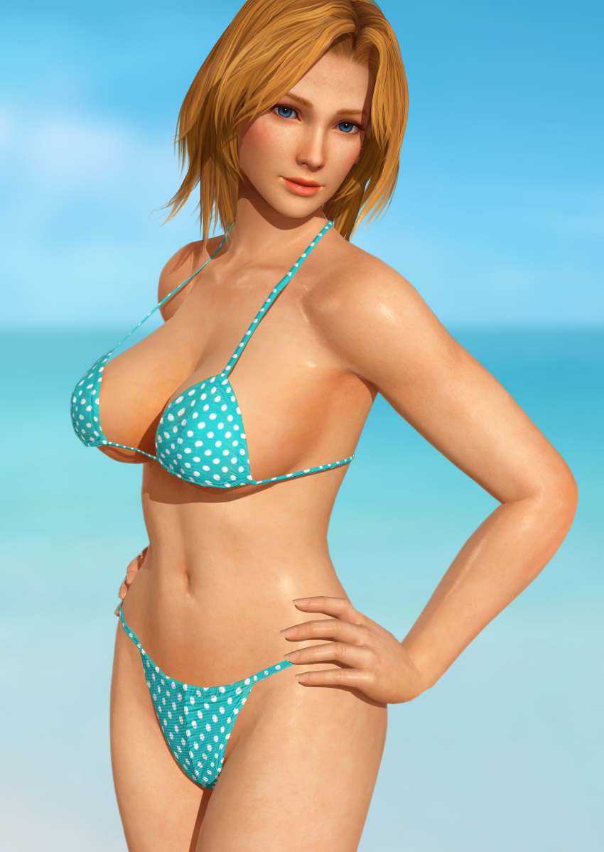 1girl 3d beach bikini blonde_hair blue_bikini breasts cleavage dead_or_alive female large long_hair looking_at_viewer navel ocean outdoors radianteld source_filmmaker swimsuit tina_armstrong