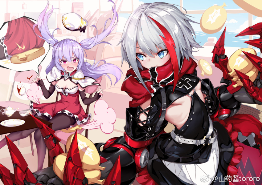 admiral_graf_spee_(azur_lane) ajax_(azur_lane) artist_name azur_lane black_gloves black_legwear blue_eyes breasts capelet claw_(weapon) cleavage dress elbow_gloves eyebrows_visible_through_hair fingerless_gloves gloves indoors long_hair looking_back medium_breasts multicolored_hair multiple_girls o-ring open_mouth pantyhose pink_eyes purple_hair remodel_(azur_lane) shanyao_jiang_tororo short_hair silver_hair small_breasts smile streaked_hair v-shaped_eyebrows weapon weibo_username whoopee_cushion