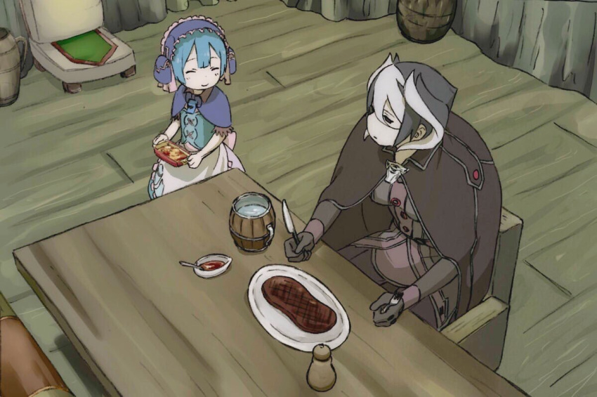 1girl :o apron bad_id bad_pixiv_id black_cape black_eyes black_gloves black_hair blue_hair cape capelet chair child closed_mouth commentary_request cup food fork gloves hair_between_eyes holding holding_fork holding_knife jacket knife long_sleeves looking_at_another made_in_abyss maid maid_apron maid_headdress maruruk mi_(pic52pic) mug multicolored_hair otoko_no_ko ozen pants parted_lips plate pouch short_hair sitting smile standing steak table two-tone_hair water whistle white_hair