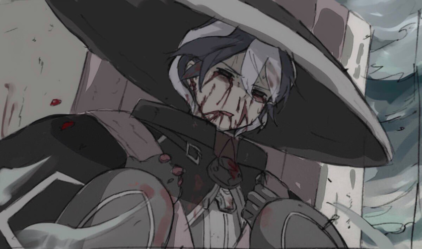 armor bad_id bad_pixiv_id black_cape black_eyes black_hair blood blood_from_mouth blood_stain bloody_tears cape commentary_request gloves grimace hair_between_eyes hat made_in_abyss mi_(pic52pic) multicolored_hair outdoors ozen parted_lips short_hair solo two-tone_hair whistle white_hair