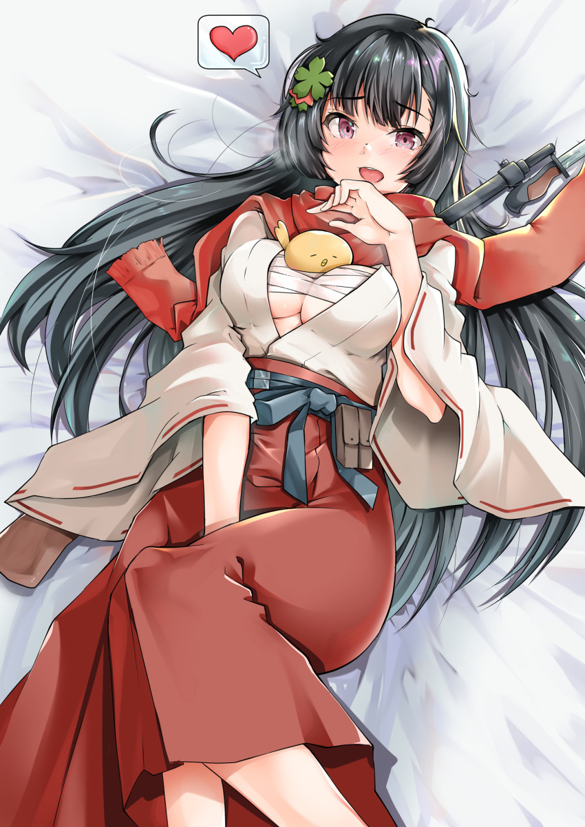 1girl alternate_costume bangs bayonet between_legs bird black_hair blush breasts chick commentary_request eyebrows_visible_through_hair girls_frontline gun hair_ornament hakama hand_between_legs heart highres japanese_clothes kimono long_sleeves looking_at_viewer lying medium_breasts messy_hair miko on_back open_clothes open_mouth open_shirt pouch red_eyes red_hakama red_scarf sarashi scarf sezoku solo speech_bubble spoken_heart submachine_gun type_100 type_100_(girls_frontline) underboob weapon white_kimono wide_sleeves