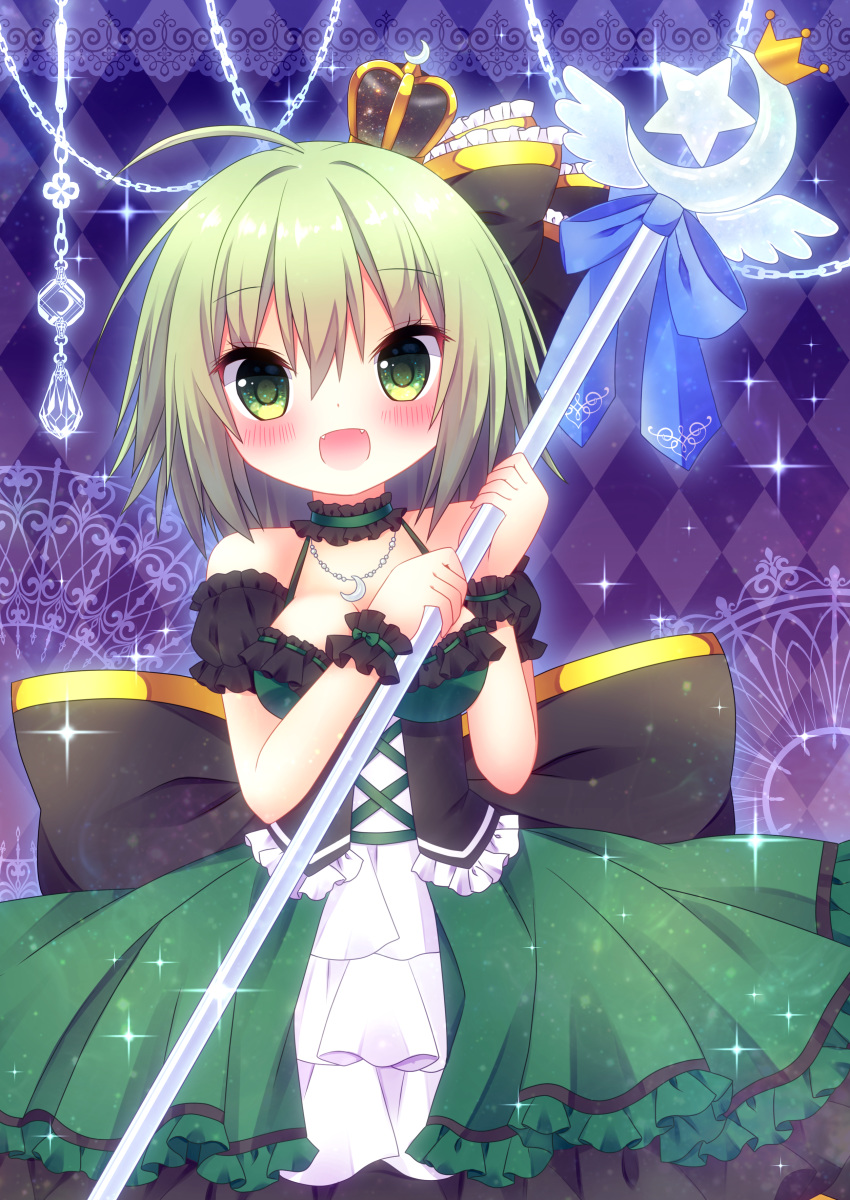 :d absurdres ahoge argyle argyle_background bad_id bad_pixiv_id bare_shoulders black_bow blush bow breasts chain cleavage commentary_request crescent crown detached_sleeves dress fangs frilled_bow frills green_dress green_eyes green_hair hair_bow highres himetsuki_luna holding holding_staff lace_border medium_breasts mini_crown open_mouth puffy_short_sleeves puffy_sleeves purple_background short_sleeves sleeveless sleeveless_dress smile soga_no_tojiko solo staff star touhou wrist_cuffs