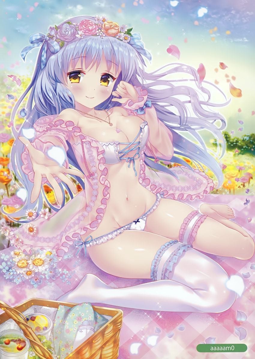 absurdres amo areola_slip areolae asymmetrical_legwear bangs barefoot blanket blue_bow blue_hair blue_sky blush bow bow_panties bra breasts brown_hair cleavage closed_mouth cloud day dress eyebrows_visible_through_hair fingernails flower fork groin hair_bow hair_flower hair_ornament highres hood hood_down hooded_dress jewelry large_breasts leg_garter long_hair navel no_shoes open_clothes open_dress orange_flower orange_rose original outdoors outstretched_arm panties pendant petals picnic_basket pink_dress pink_flower pink_rose plaid plaid_bow purple_flower purple_rose rose scan side-tie_panties single_thighhigh sitting sky solo sparkle spoon strapless strapless_bra thighhighs toenails underwear very_long_hair wariza white_bra white_flower white_legwear white_panties