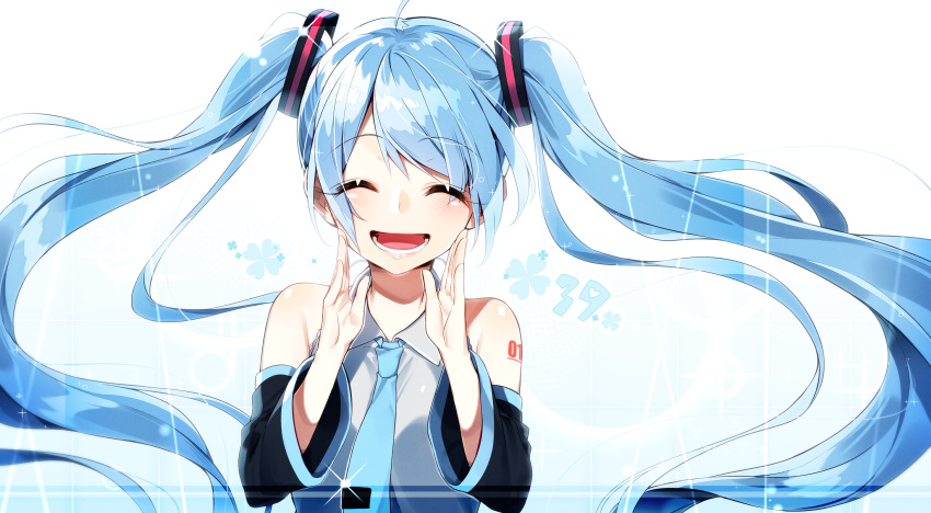 39 ^_^ ahoge aqua_neckwear blue_hair closed_eyes clover collared_shirt cupping_hands detached_sleeves eyes_visible_through_hair hair_ornament hand_to_own_mouth hatsune_miku highres long_hair necktie number_tattoo open_mouth sakuragi_ren shirt shoulder_tattoo smile solo tattoo twintails upper_body very_long_hair vocaloid