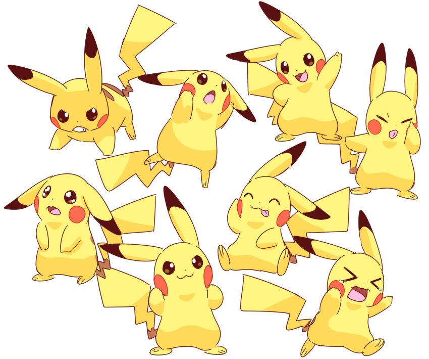 &gt;_&lt; :d :o akanbe blush_stickers brown_eyes closed_eyes closed_mouth creature expressions gen_1_pokemon hand_on_own_face highres jumping lai_(pixiv1814979) looking_at_viewer looking_away looking_up no_humans open_mouth pikachu pokemon pokemon_(creature) pose running sad simple_background sitting smile standing tongue tongue_out too_many too_many_pikachu white_background