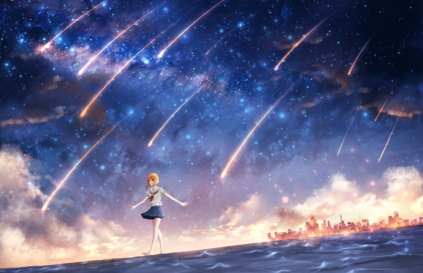 absurdres bangs barefoot bike_shorts blonde_hair blunt_bangs city city_lights cloud czy_(2894456992) dutch_angle highres horizon light_particles midriff navel night night_sky ocean original outstretched_arms scenery school_uniform serafuku shooting_star short_hair shorts shorts_under_skirt sky star_(sky) starry_sky twilight walking walking_on_liquid