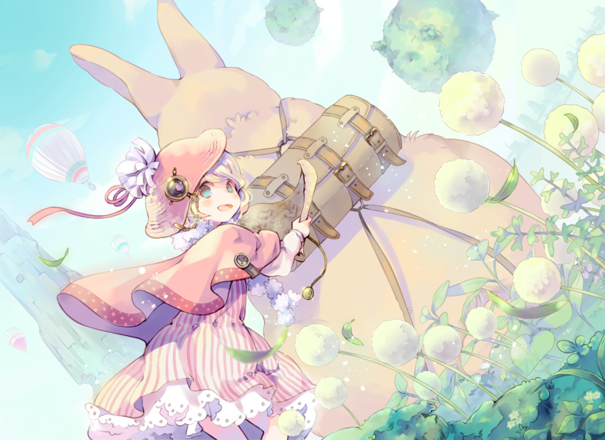 :d aircraft animal backpack bag blue_eyes blue_sky blush bunny capelet day dress dutch_angle flower fur_trim grass hat hot_air_balloon kuga_tsukasa looking_at_viewer meadow open_mouth original outdoors oversized_animal pink_capelet pink_dress short_hair silver_hair sky smile solo