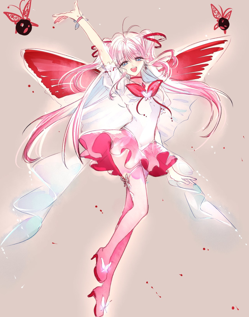 :d ahma blue_eyes blush bow bowtie butterfly_wings copyright_request earrings grey_background hand_up high_heels highres jewelry looking_at_viewer open_mouth pantyhose pink_hair pink_legwear pink_neckwear pink_skirt round_teeth skirt smile solo teeth wings