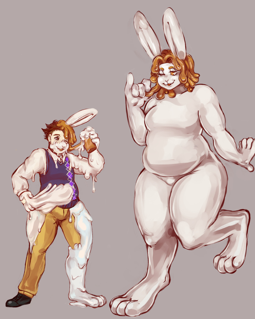 belly duo female goo goo_transformation grey_background huge_thighs human lagomorph male mammal marshmallow overweight rabbit simple_background slightly_chubby sweatervest transformation