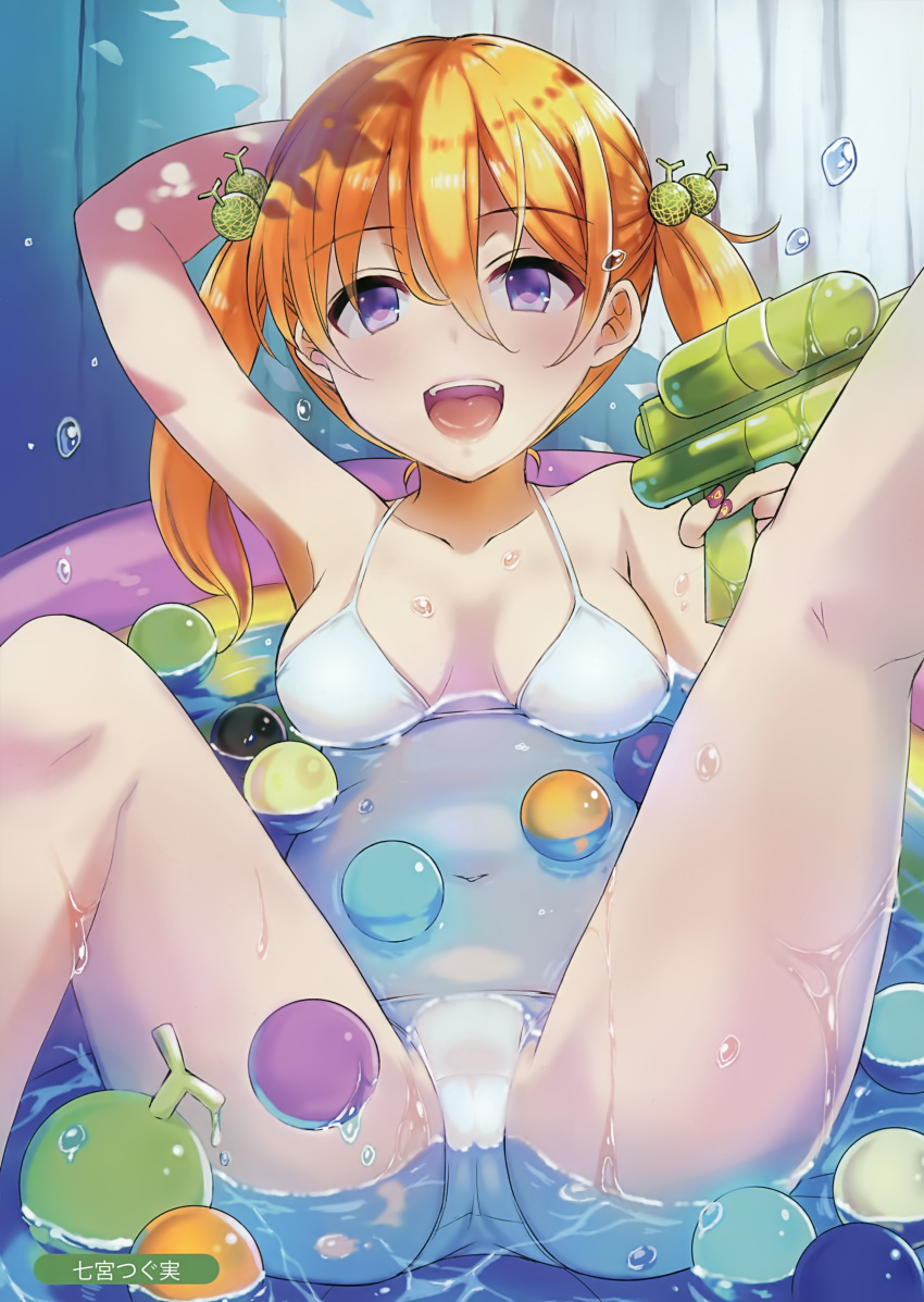 :d absurdres afloat arm_up armpits artist_name artist_request ball bathing bikini blonde_hair blue_eyes blush breasts breasts_apart collarbone day eyebrows_visible_through_hair food_themed_hair_ornament foreshortening hair_between_eyes hair_ornament highres holding long_hair looking_at_viewer lying medium_breasts melon_hair_ornament melonbooks nail_polish nanatsugumi navel on_back open_mouth outdoors partially_submerged purple_nails scan shade shiny shiny_hair smile solo spread_legs stomach string_bikini sunlight swimsuit tareme thighs twintails wading_pool water water_drop water_gun wet white_bikini