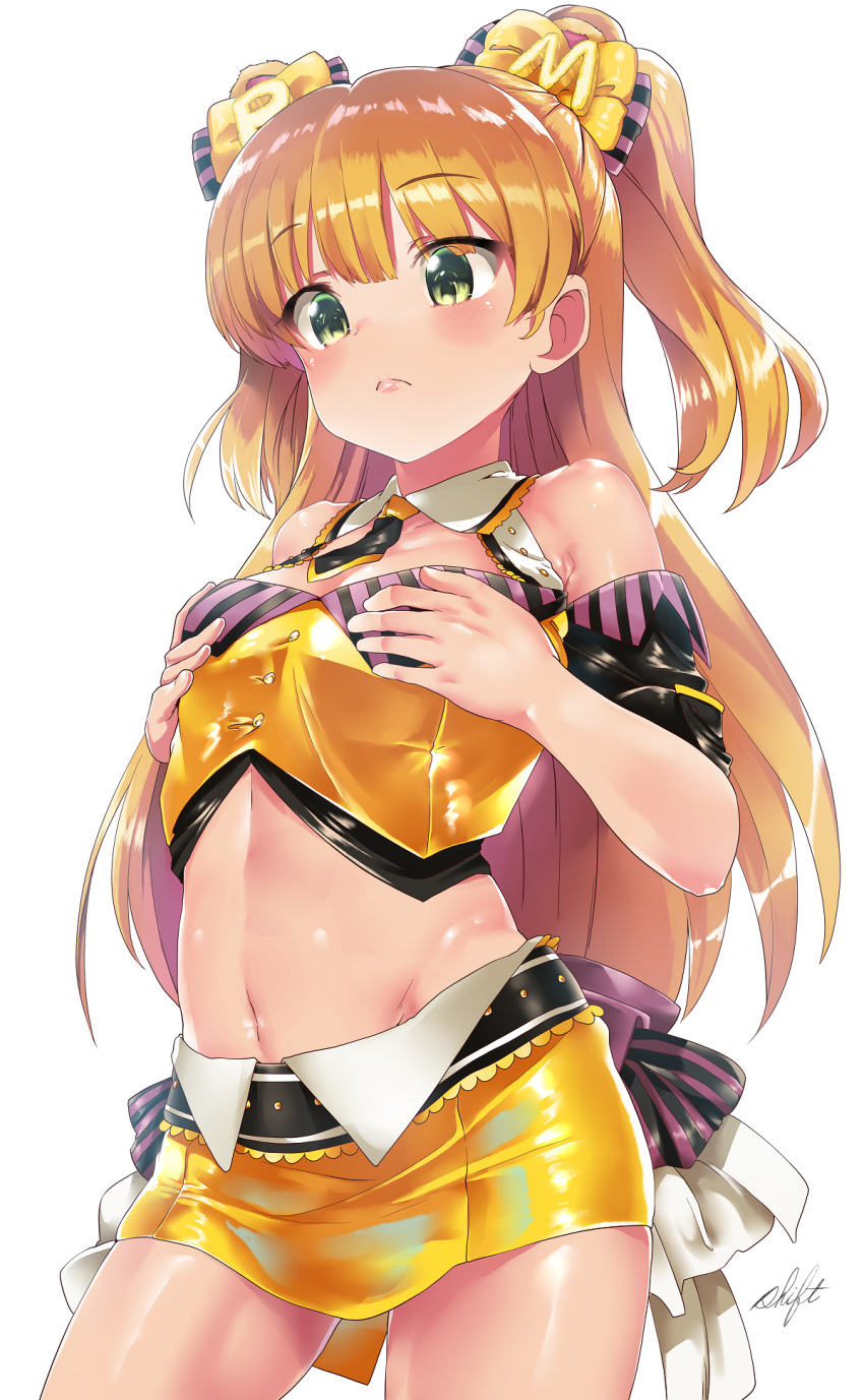 bangs bare_shoulders belt blonde_hair blush bow breast_conscious breasts commentary_request eyebrows_visible_through_hair eyelashes green_eyes hair_bow hands_on_own_chest highres hips idolmaster idolmaster_cinderella_girls jougasaki_rika long_hair midriff navel shift_(waage) shiny shiny_skin simple_background skirt small_breasts solo thighs two_side_up white_background yellow_skirt