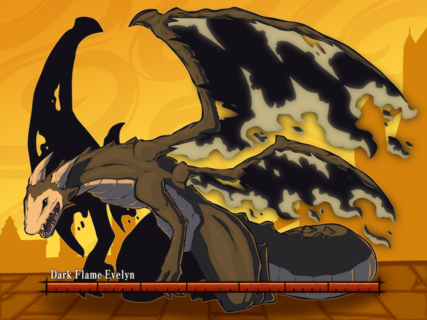 2024 4:3 big_tail black_body black_eyes claws dark_souls digitigrade dragon evelyn_(whygena) female feral fromsoftware hi_res horn kneeling multicolored_body mythological_creature mythological_scalie mythology pattern_background scalie simple_background solo spread_wings tail white_body whygena wings yellow_background