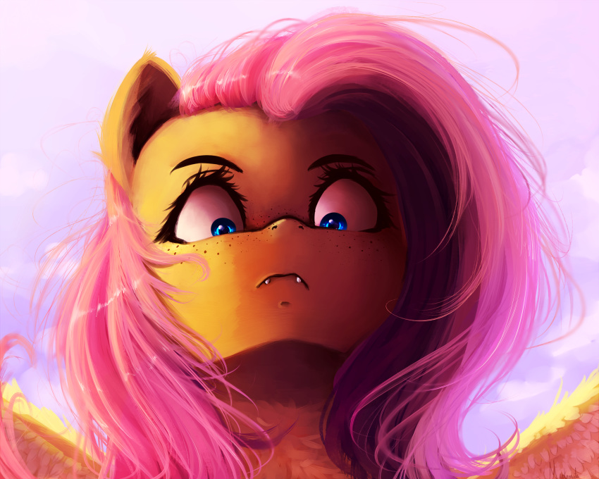 2018 digital_media_(artwork) equine fangs feathered_wings feathers fluttershy_(mlp) freckles friendship_is_magic hair hi_res mammal miokomata my_little_pony pegasus solo stare wings