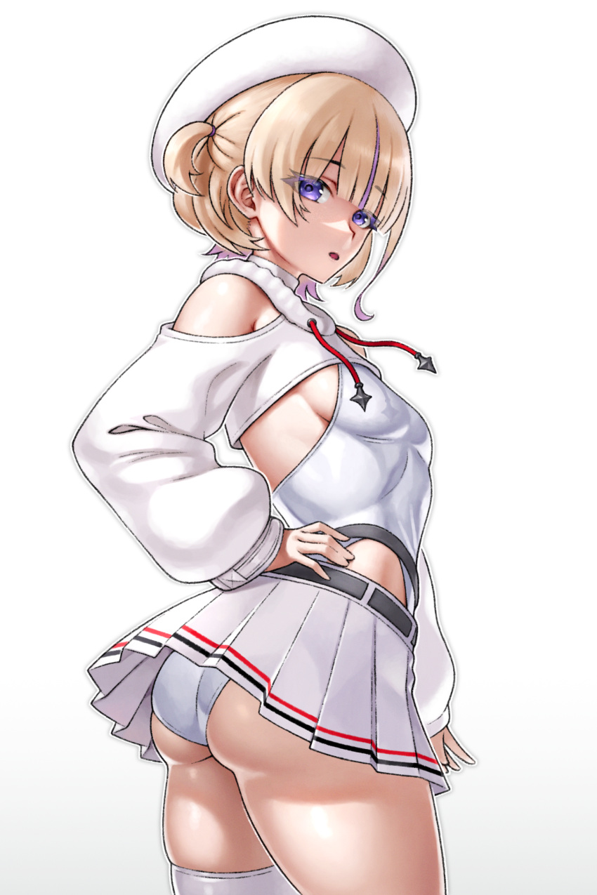 1girl ass beret blonde_hair breasts clothing_cutout commentary drawstring english_commentary hat highres hololive hololive_dev_is leotard leotard_under_clothes long_sleeves looking_at_viewer looking_back miniskirt multicolored_hair official_alternate_costume open_mouth pleated_skirt purple_eyes purple_hair short_hair shoulder_cutout shrug_(clothing) simple_background single_thighhigh skirt skylock solo streaked_hair thighhighs todoroki_hajime todoroki_hajime_(regloss_uniform) two_side_up virtual_youtuber white_background white_hat white_leotard white_shrug white_skirt white_thighhighs