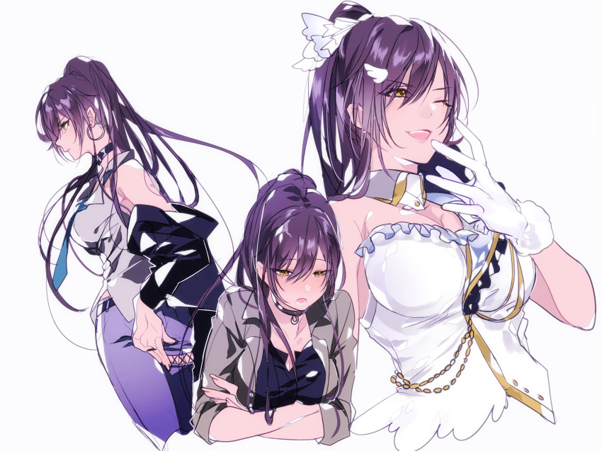 :d bangs black_hair black_jacket bow breasts brown_jacket choker cleavage collar collarbone commentary_request crossed_arms detached_collar dress earrings eyebrows_visible_through_hair from_side gloves hair_bow highres hoop_earrings idol idolmaster idolmaster_shiny_colors jacket jewelry kaa large_breasts long_hair music necktie one_eye_closed open_mouth pants ponytail purple_pants shirase_sakuya shirt singing sleeveless sleeveless_dress sleeveless_shirt smile solo strapless strapless_dress white_gloves yellow_eyes