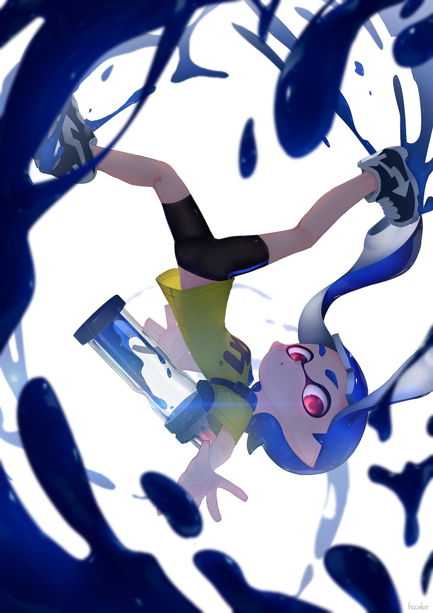1girl artist_name bangs bike_shorts black_footwear black_shorts blue_hair blunt_bangs blurry closed_mouth commentary depth_of_field diffraction_spikes english_commentary expressionless falling full_body highres ink ink_tank_(splatoon) inkling kashu_(hizake) long_hair looking_at_viewer monster_girl no_socks outstretched_arm outstretched_hand pointy_ears reaching_out red_eyes shirt shoes short_sleeves shorts sneakers solo splatoon_(series) t-shirt tentacle_hair upside-down white_background yellow_shirt